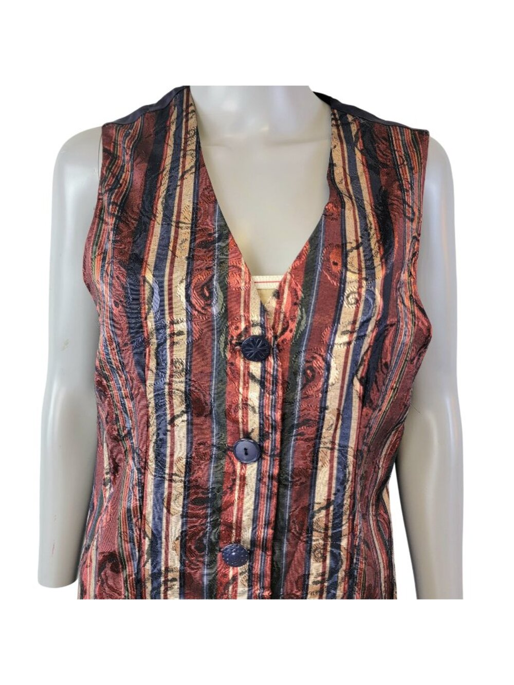 Vintage 90s Satin Stripe Vest Women Medium Paisley Blue Green Jacket Work Fall 8